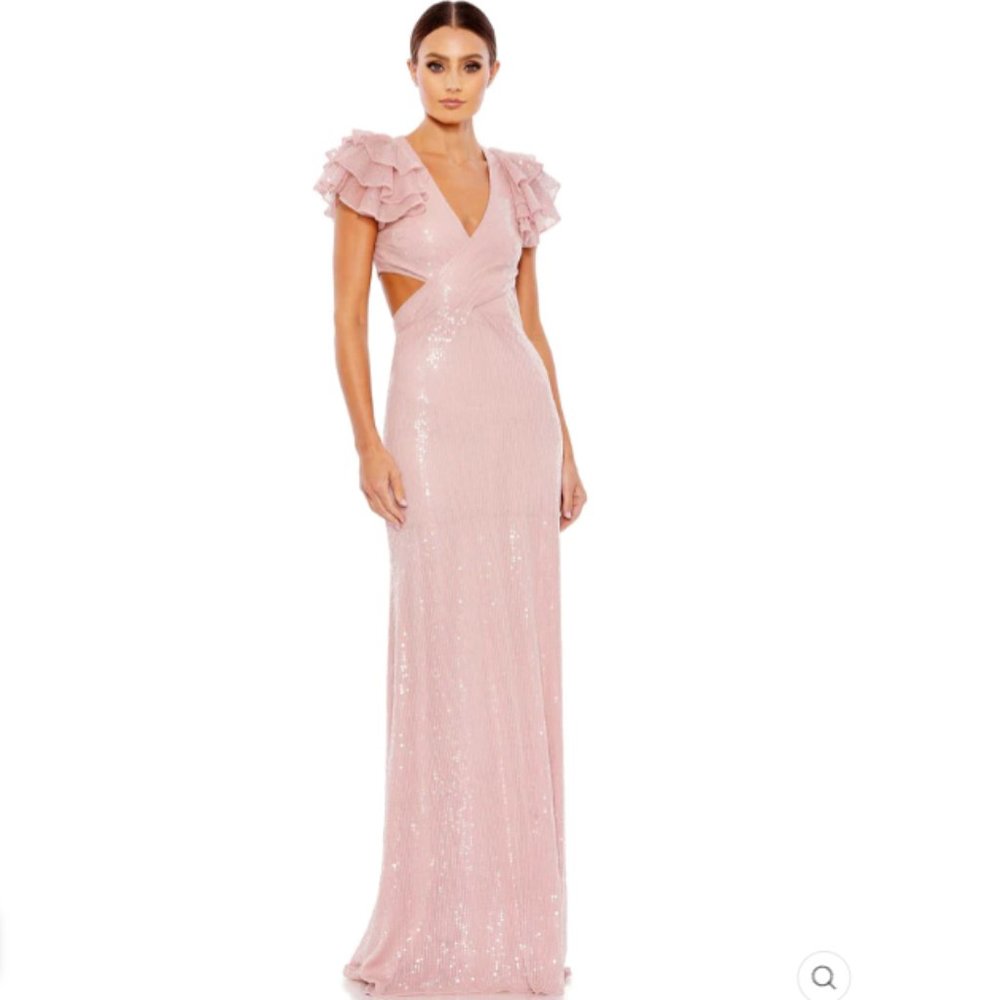 SEQUINED RUFFLED CUT OUT LACE UP GOWN COLOR — Rose Size 6 New Without Tags